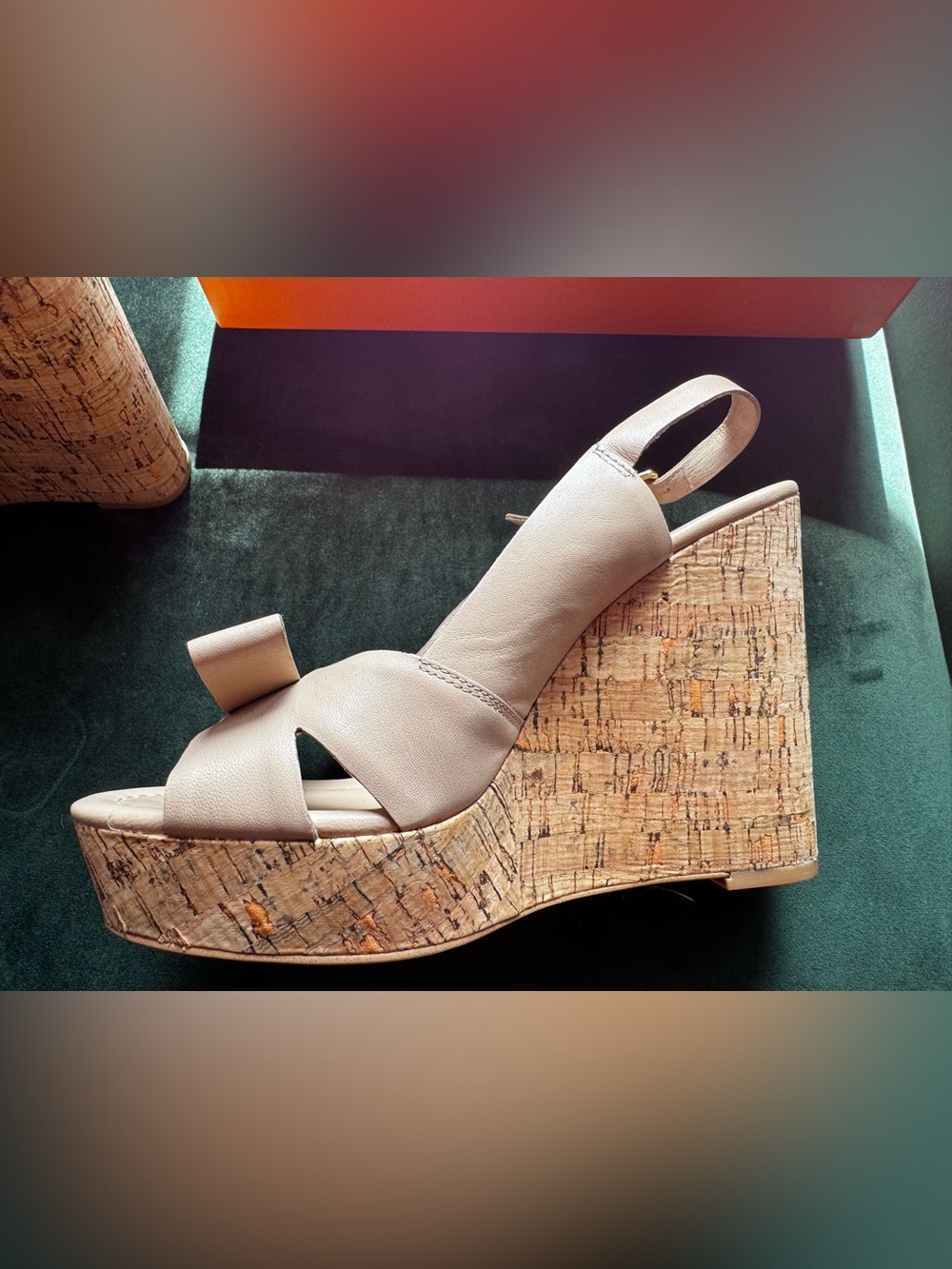 Kate Spade Nude Beige Leather Cork Wedge Sandals - Women 9.5 5 Inch heel NWOT